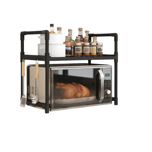 2-Tier Adjustable Microwave Oven Rack, Kitchen Countertop Organizer Shelf with Hooks, Space Saving Storage Rack for Spices, Utensils and Kitchen Supplies (Black)