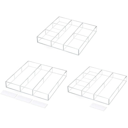6-Section Clear Acrylic Drawer Organizer and Storage Tray, Versatile Plastic Desk and Makeup Drawer Insert for Kitchen, Bathroom, and Office Organization, Low-Profile Divided Tray
