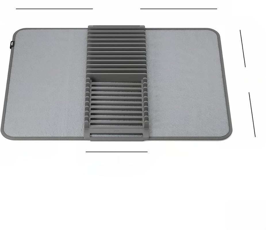 2-in-1 Folding Dish Rack with Drying Mat, Space-Saving Dish Drainer for Kitchen Countertops, Absorbent Microfiber Mat with Foldable Plate and Utensil Holder