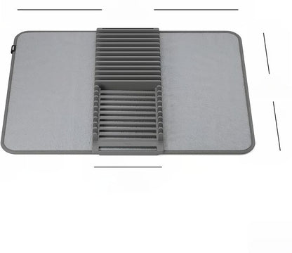 2-in-1 Folding Dish Rack with Drying Mat, Space-Saving Dish Drainer for Kitchen Countertops, Absorbent Microfiber Mat with Foldable Plate and Utensil Holder