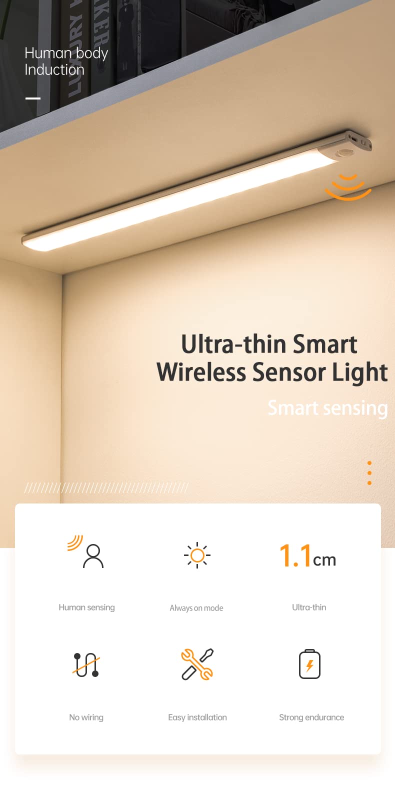 Closet Lights, LED Under Cabinet Lighting, Wireless Motion Sensor Night Light - USB Rechargeable, Cool White,with magnetic double sided tape for Stairs/Kitchen/Drawer (30cm-1pc)