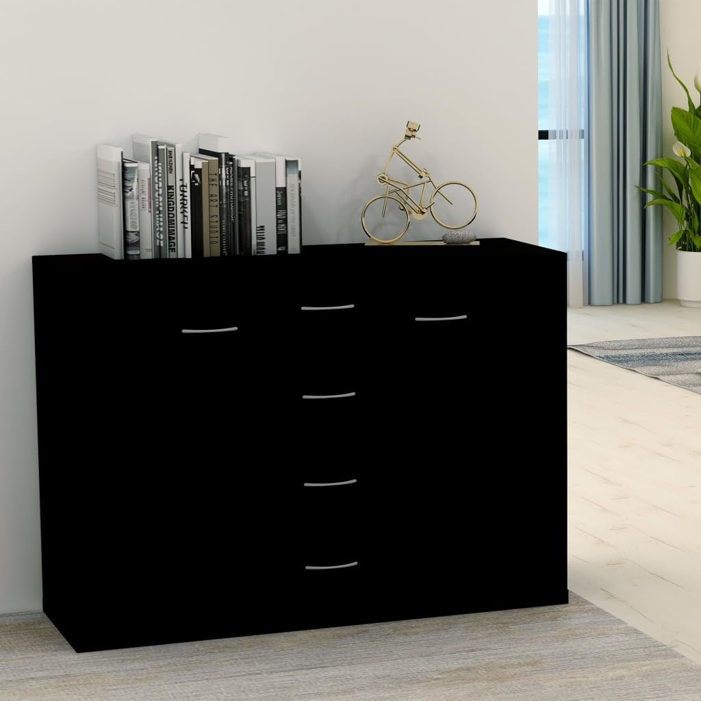 Sideboard Storage Cabinet in Black, Engineered Wood Home Interior Decor for Living Room or Bedroom, Shelf Stand Furniture Organiser, Buffet Server, Sleek Design