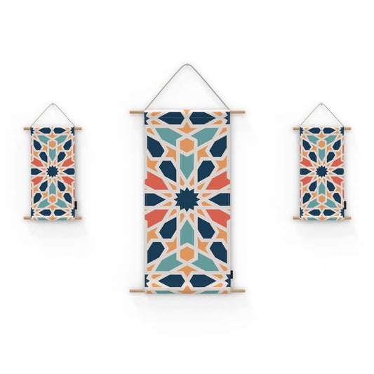 Arabesque 3-Piece Fabric Poster Set, a Wall Art Decor Kit with 1 Large (90x44 cm) and 2 Small (42x22 cm) Panels, Multicolor, an Islamic Design for Living Room or Bedroom Decor