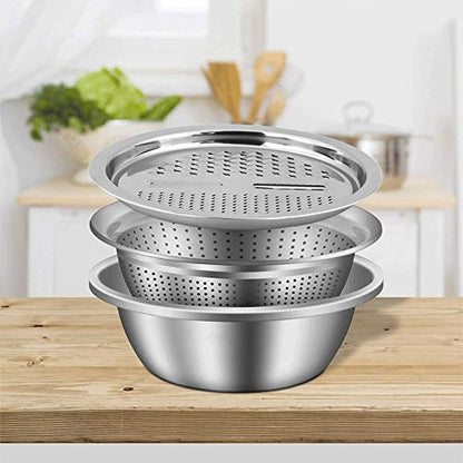 Niralasa 3 in 1 Kitchen Multipurpose 11 Inch Silver Stainless Steel Drain Basket, Vegetable Cutter, Julienne Grater