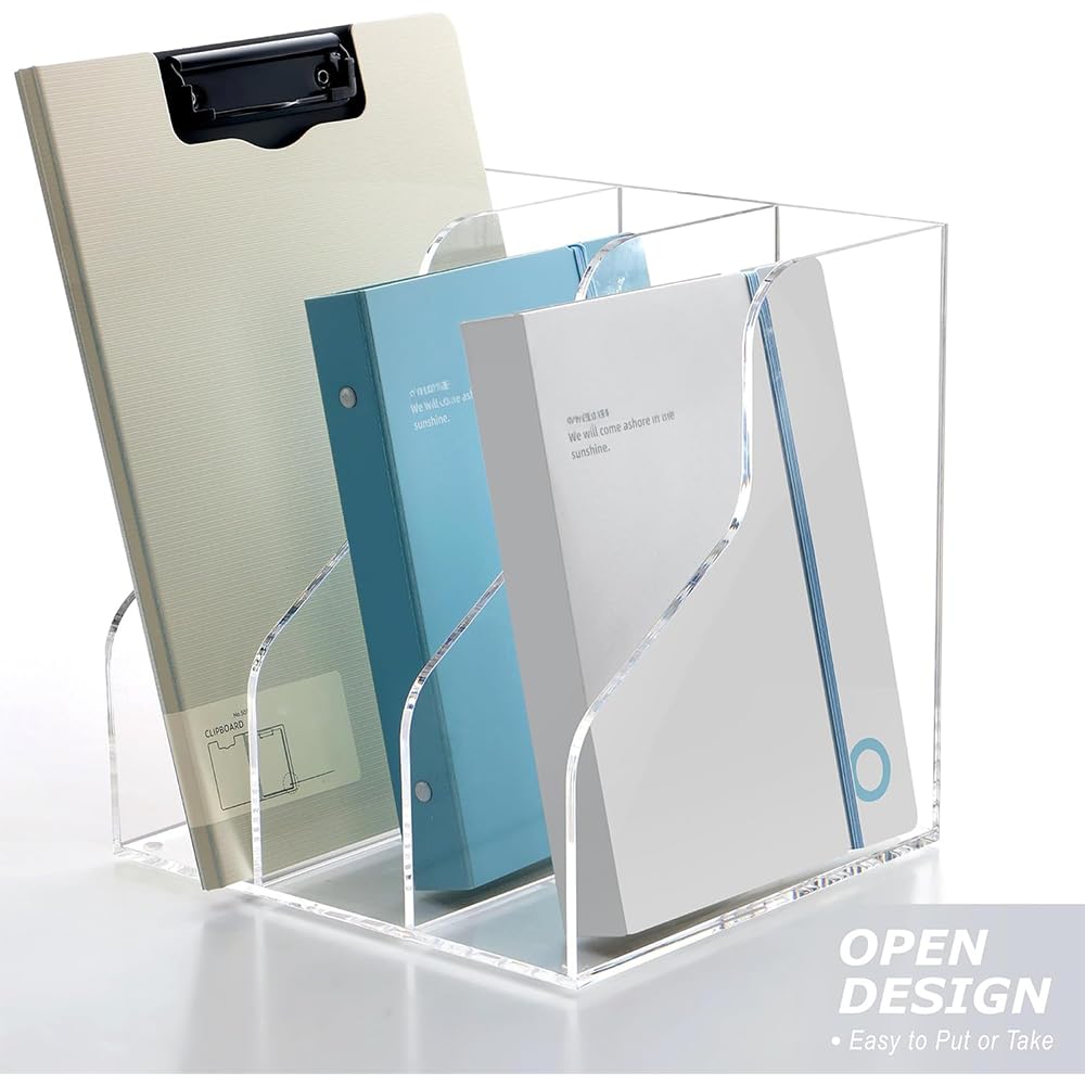 Acrylic Magazine Holder, 3-Slot Clear Desktop File Organizer Rack for Books, Folders, and Office Supplies, Space-Saving Bookshelf Sorter for Desk or Workspace, Transparent Stand, Clear