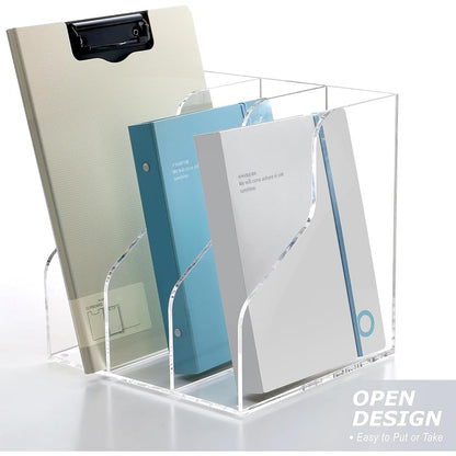 Acrylic Magazine Holder, 3-Slot Clear Desktop File Organizer Rack for Books, Folders, and Office Supplies, Space-Saving Bookshelf Sorter for Desk or Workspace, Transparent Stand, Clear