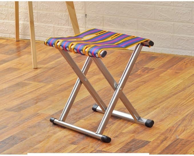 Portable Folding Camping Stool, Lightweight Outdoor Chair, Striped Nylon Webbing Seat (Multicolor)