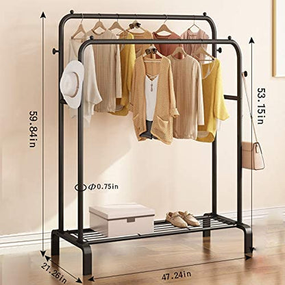 Garment rack double rod heavy duty free-standing clothes rack multi-functional bedroom hangers clothing hanging stand organizer storage rack with shoe shelves, wheels (48'' width, black)