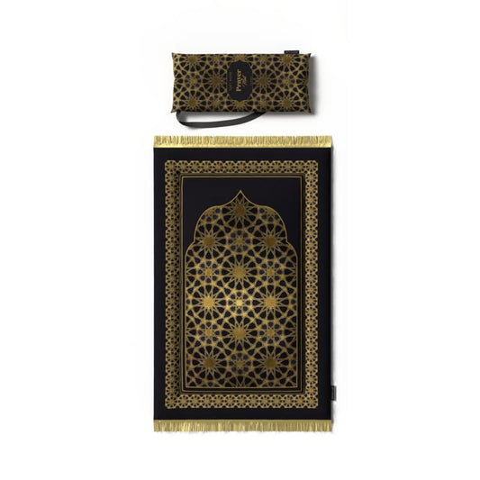 Padded Prayer Rug for Kids in attractive Gold and Black velvet, 57x95 cm, a soft mat that provides cushioning and comfort, making it an ideal first prayer rug for any child