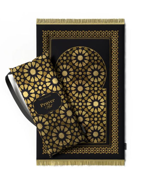 Supreme Velvet Padded Prayer Rug in Gold and Black, 68x117 cm, our most comfortable soft mat with extra-thick padding, offering unparalleled support for a peaceful prayer session