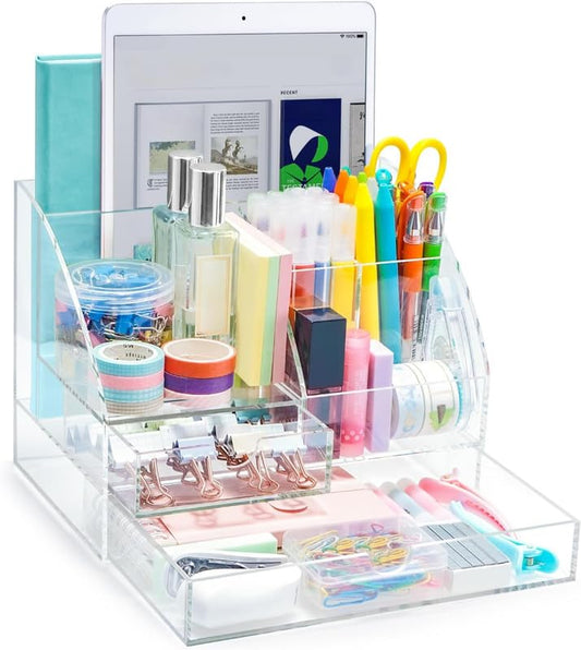 Clear Acrylic Desk Organizer with 2 Drawers, 5-Compartment Office Desktop Accessories and Stationery Caddy, Multi-Functional Pen Organizer for Home, School, and Dorm Room Use