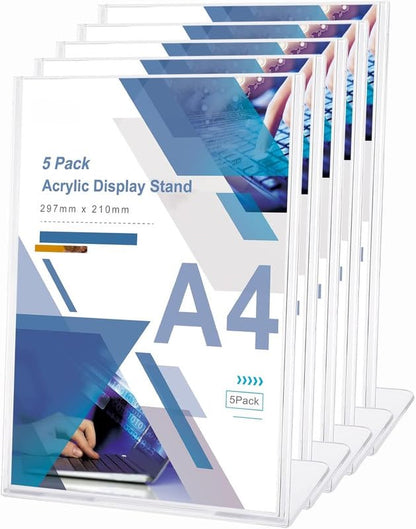 5-Piece A4 Acrylic Menu Display Stand, Clear L-Shape Plastic Poster Holder for Tabletop Use in Restaurants Hotels Schools or Offices, Plexi Sign Holder for Menus and Notices