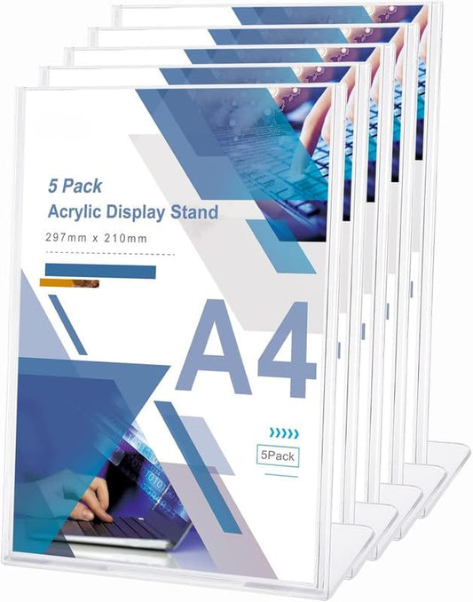 5-Piece A4 Acrylic Menu Display Stand, Clear L-Shape Plastic Poster Holder for Tabletop Use in Restaurants Hotels Schools or Offices, Plexi Sign Holder for Menus and Notices