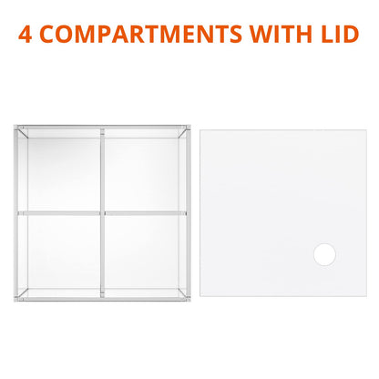 Square Clear Acrylic Storage Box with Lid and 4 Compartments, Decorative and Functional Desk Organizer for Cotton Swabs, Jewelry, and Small Accessories, Stackable Container