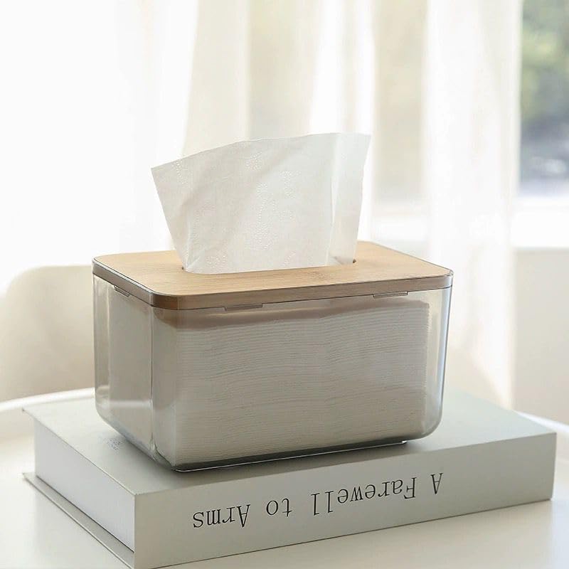 Acrylic Rectangle Multi Functional Tissue Organizer Box With Bamboo Wooden Removable Lid Add More Elegane For Home And Office - Transparent
