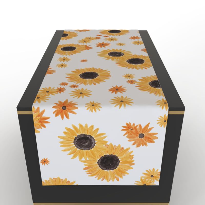 مفرش طاولة قطني بنقشة دوار الشمس، قطعة مركزية مزخرفة باللونين الأبيض والأصفر، 35×140 سم، لمسة مشرقة ومبهجة لإضفاء أجواء مشمسة وإيجابية على طاولة الطعام الخاصة بك