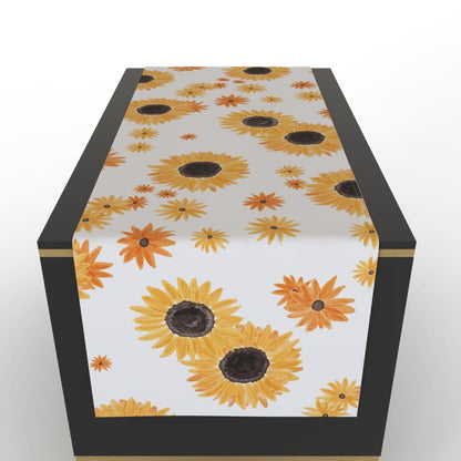 مفرش طاولة قطني بنقشة دوار الشمس، قطعة مركزية مزخرفة باللونين الأبيض والأصفر، 35×140 سم، لمسة مشرقة ومبهجة لإضفاء أجواء مشمسة وإيجابية على طاولة الطعام الخاصة بك