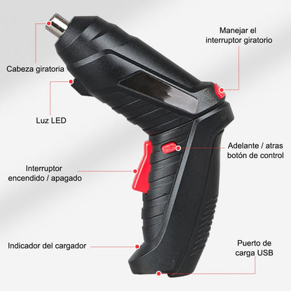 Free wolf Electric Screwdriver 3.6V, Rechargeable Electric Screwdriver Set of 47 Pieces, Rotatable Handle (90°-180°), for Home Improvement and Your DIY Projects (Black)