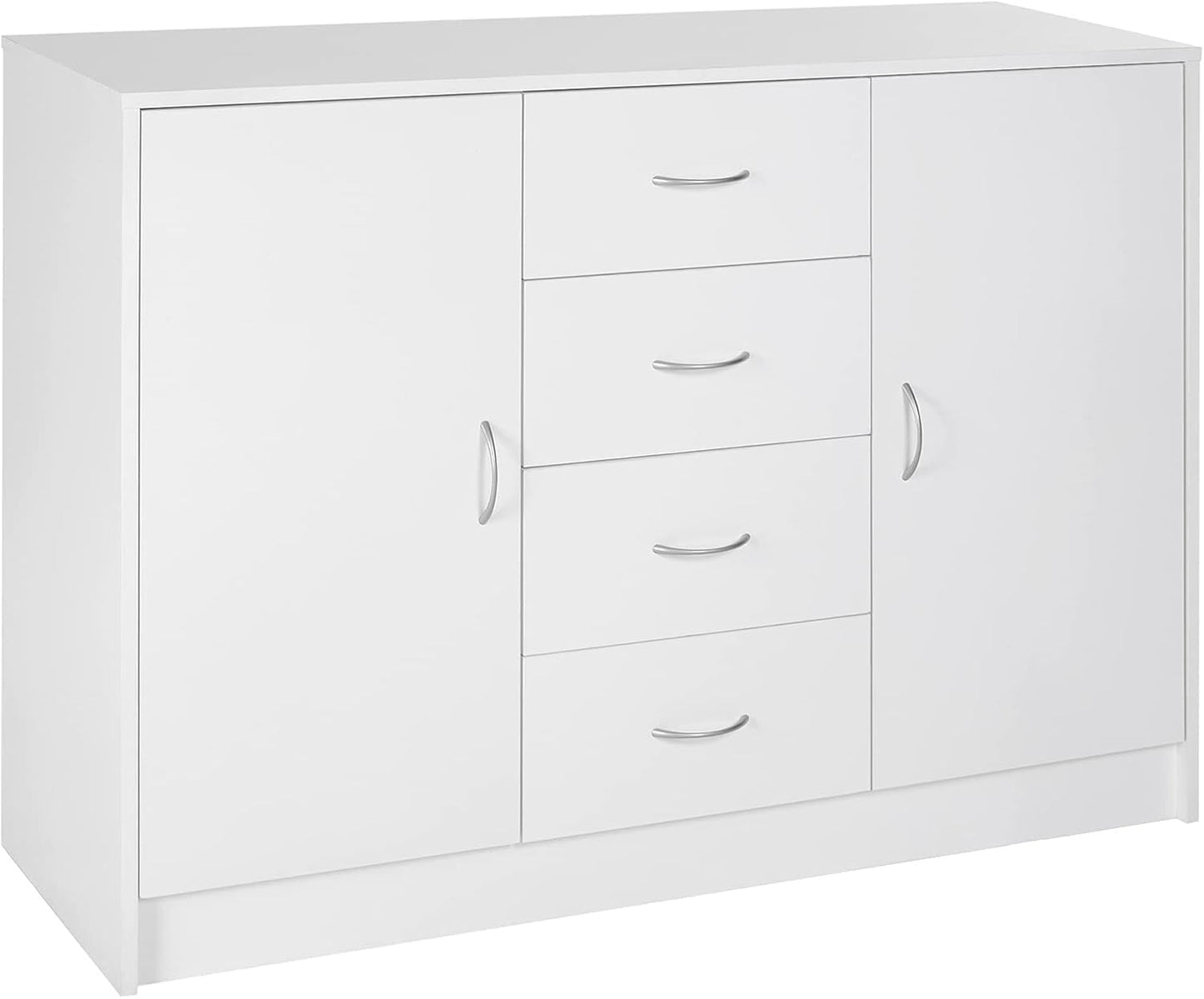 Freestanding Sideboard Cabinet with 2 Doors and 4 Drawers, Versatile Organizer for Kitchen, Dining, or Living Room in a Clean White Finish with a Modern Minimalist Style