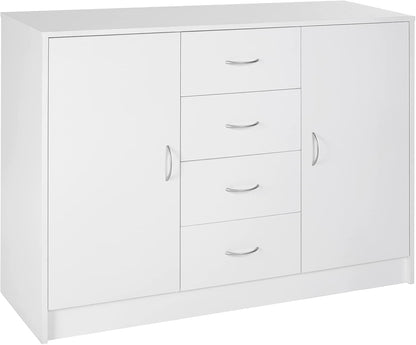 Freestanding Sideboard Cabinet with 2 Doors and 4 Drawers, Versatile Organizer for Kitchen, Dining, or Living Room in a Clean White Finish with a Modern Minimalist Style