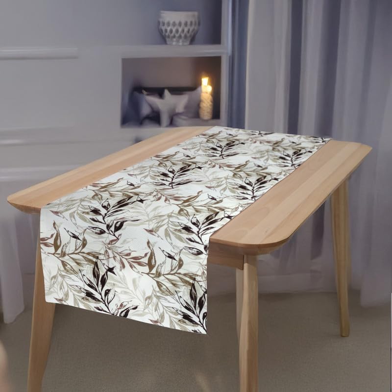 INtex HOME Linen Velvet Table Runner, 45 x 130 cm, Modern Leaves Design, Elegant Rectangular Tablecloth for Dining, Living Room and Kitchen, Soft, Durable - Café x Brown - Single Piece