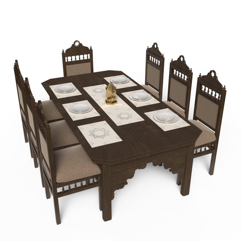 Dora 7-Piece Dining Set, includes 6 multicolor canvas placemats (45x30 cm) and 1 table runner (35x140 cm), featuring a vibrant, jewel-like Islamic pattern for a colorful table