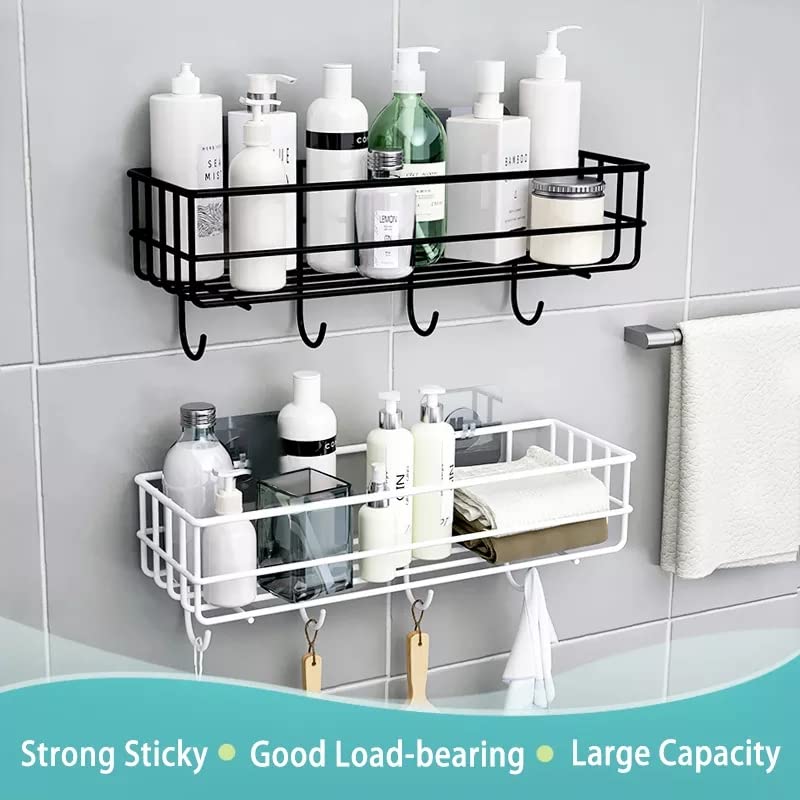 BR BLUEROCKS - BECAUSE QUALITY MATTERS Bathroom Rack Bathroom Shelves Kitchen Storage – Self Adhesive Bathroom Shelf and Shampoo Holder with 4 Hook Adhesive Shower Caddy Metal Shelf (Pack of 2)
