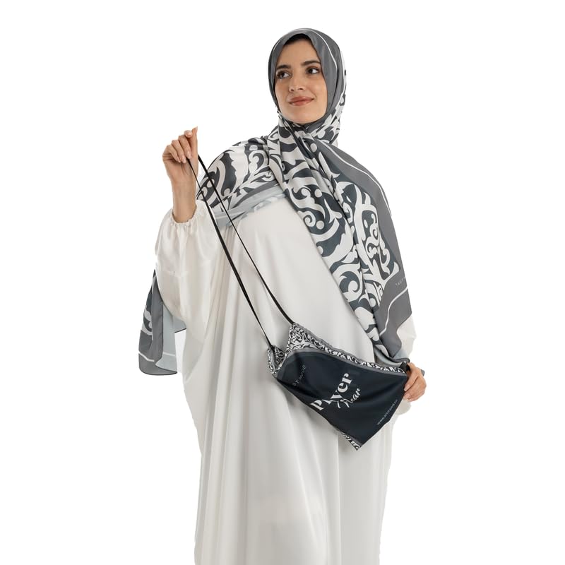 Isdal Al-Hedaya Women's Prayer Dress, a One-Piece Garment in Grey & White made of Soft Satin for Full Modest Coverage, One Size Fits All, a Chic and Comfortable Abaya for Muslim Women