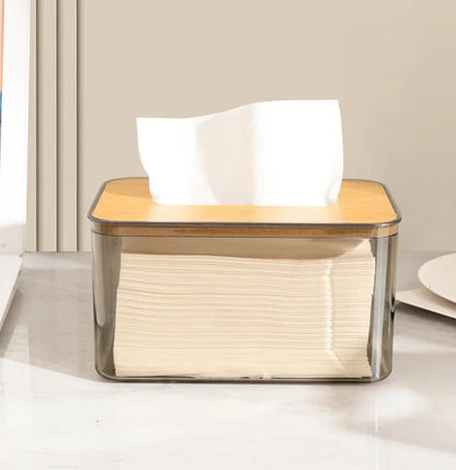 Dollar for Improt Acrylic Rectangle Tissue Organizer Box With Bamboo Wooden Removable Lid Practical And Add More Elegane For Home - Transparent