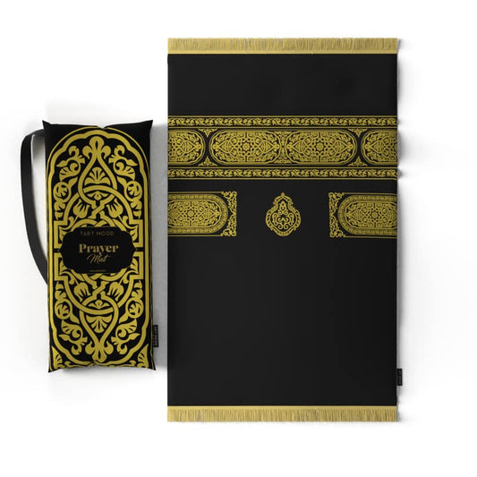 Velvet Padded Prayer Mat in Gold & Black, 68x117 cm, a luxurious rug with a stylish Mecca-inspired design and soft padding for exceptional comfort during daily prayers