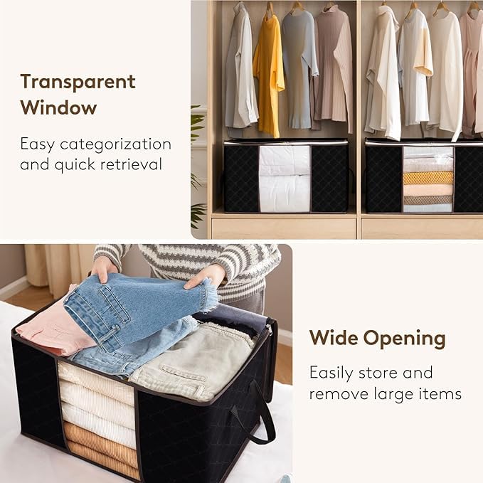 6 Pack Large Foldable Storage Boxes with Zipper & Reinforced Handles, Linen Clothes Organizer for Blankets, Comforters & Seasonal Items - Black