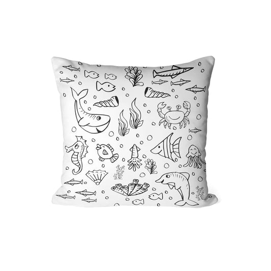 Canvas Fish Junior Cushion Cover in Black & White, a durable decorative pillow for kids with a cute underwater animal theme, 40x40 cm, a delightful accent for a nautical-themed bedroom