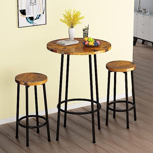 3 Piece Pub Table Set, Modern Round Bar Table with 2 Stools Set, Bistro Counter Height Table Dining Set of 2 for Small Space, Dining, Kitchen, Restaurant, Breakfast Nook - Rustic Brown