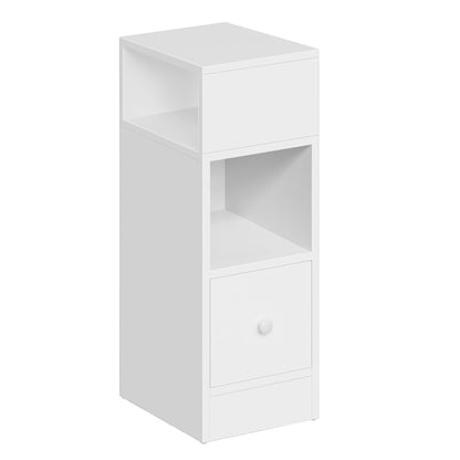 White Bedside Table, H 25 x W30 x W66 cm, TalLNightstand with 1 Drawer and 2 Open Compartments, Slim End Table for SmalLBedroom, NarroWStorage Unit