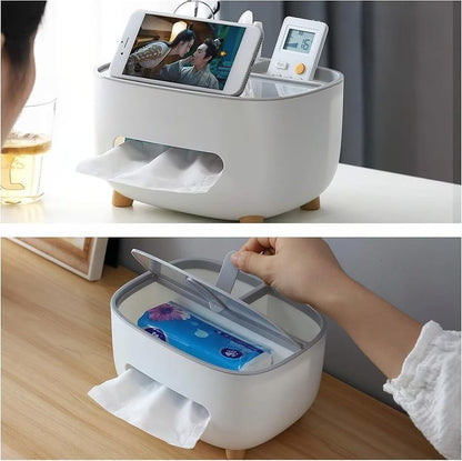 Multifunction Tissue Box Holder with Storage Caddy, Modern Napkin Dispenser and Organizer for Remote Controls & Office Supplies, ABS Plastic Desktop Caddy for Bathroom & Bedroom, Grey