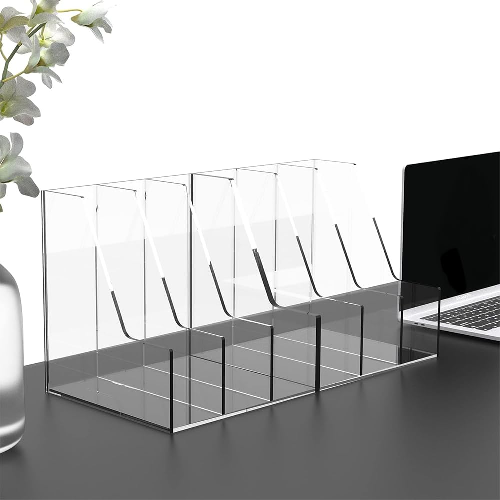 4-Slot Clear Acrylic Desk Organizer, Vertical Magazine and File Holder for Office, Modern Bookshelf for Kids, Sturdy and Transparent Document and Book Sorter for Efficient Storage