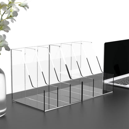 4-Slot Clear Acrylic Desk Organizer, Vertical Magazine and File Holder for Office, Modern Bookshelf for Kids, Sturdy and Transparent Document and Book Sorter for Efficient Storage