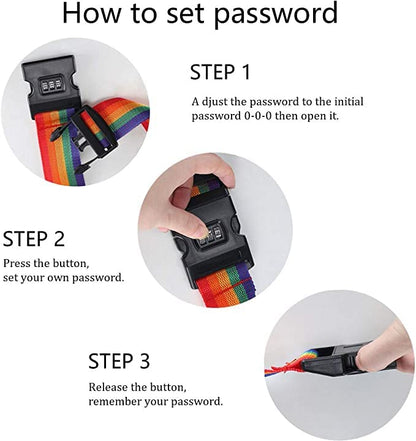 Luggage Suitcase Strap with Coded Lock Secure Lock Safe Belt Strap 1.7m baggage Belt Travel Rainbow Adjustable, Multi Color