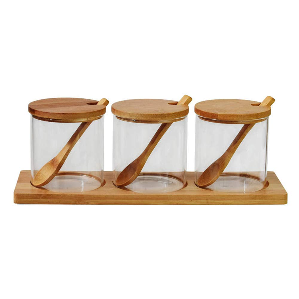 XSMNER 3PCS Condiment Jar Seasoning Box Glass Spice Condiment Container Canisters Pots with Wooden Spoon Lid and Base for Sugar, Pepper, Coffee, Spice, Salt