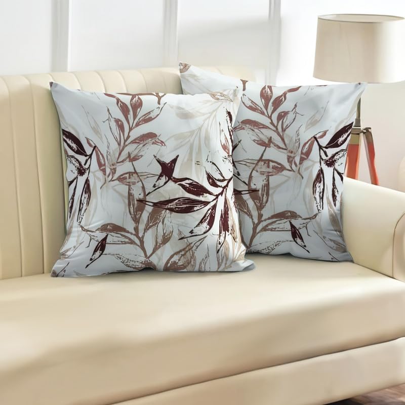 INtex CURTAINS HOUSE Printed Linen Velvet Cushion Covers, Throw Pillow Covers, Leaves Pattern Decorative Pillow Covers, Set of 2 Pieces Cafe x Brown 30W x 30L CM