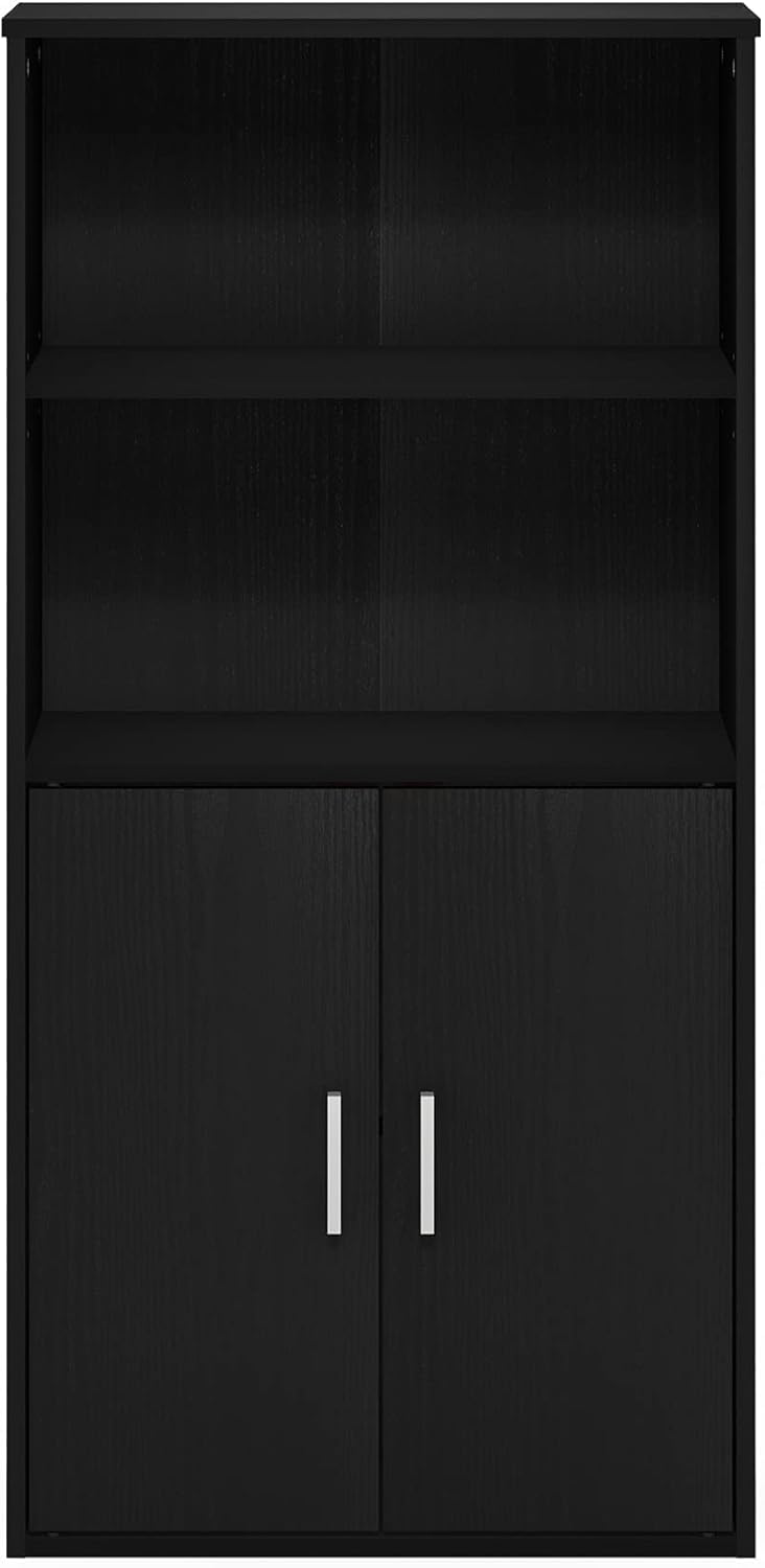 Storage Bookcase with 2 Doors in Black, Manufactured Wood Cabinet with 2 Open Shelves, Freestanding Organizer for Living Room or Office, Combination Display and Concealed Unit