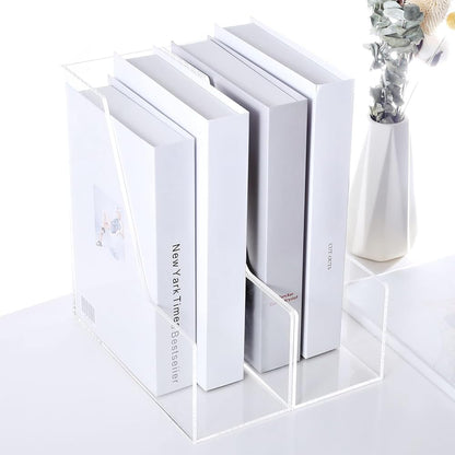 4-Slot Clear Acrylic Desk Organizer, Vertical Magazine and File Holder for Office, Modern Bookshelf for Kids, Sturdy and Transparent Document and Book Sorter for Efficient Storage