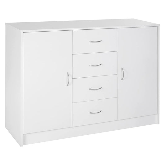 Sideboard in White, Storage Cabinet with 2 Doors and 4 Drawers, Free Standing Cupboard, Chest Organizer for Kitchen, Living Room, or Bedroom, Modern Credenza