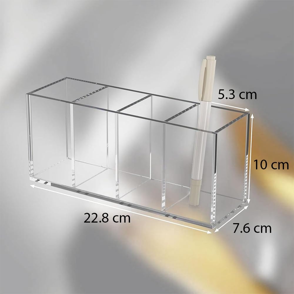 Acrylic Pen Holder, Clear Desk Organizer with 4 Compartments, Storage Cup for Pens, Pencils, Markers and Office Supplies, Suitable for Countertop, Desk and Workstation Use, Clear