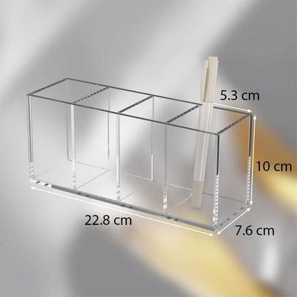 Acrylic Pen Holder, Clear Desk Organizer with 4 Compartments, Storage Cup for Pens, Pencils, Markers and Office Supplies, Suitable for Countertop, Desk and Workstation Use, Clear