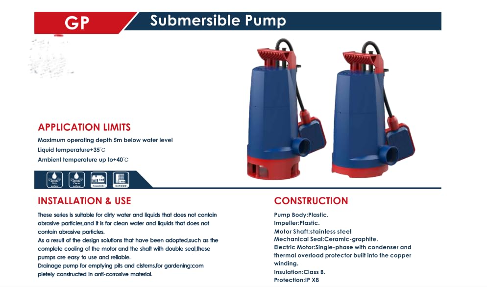 Submersible Pump 0.75HP 220V 8M 11000L/H 5mmGrain Size-Clean Water (GP553F)