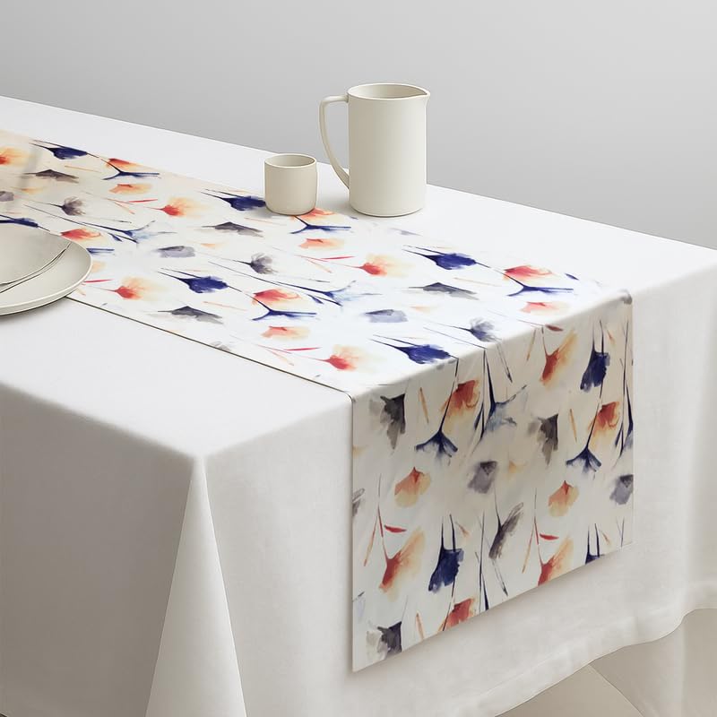 INTEX HOME Table Runner, Sou Floral Pattern, Premium Linen Velvet Fabric, Straight End Design, 45×140 cm, Off-White x Navy Blue x Blush, Wrinkle-Resistant, 1 Pc Table Décor for Living and Dining Room