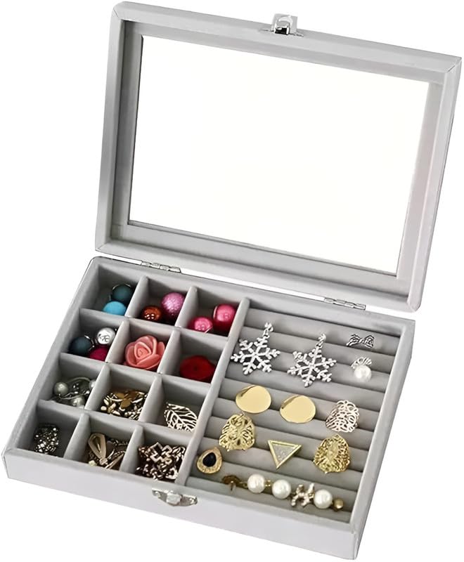 Grey Jewelry Box - Travel Accessories Organizer with Multiple Compartments for Necklaces, Earrings, Rings - Portable Case for Secure Storage, Elegant Design
