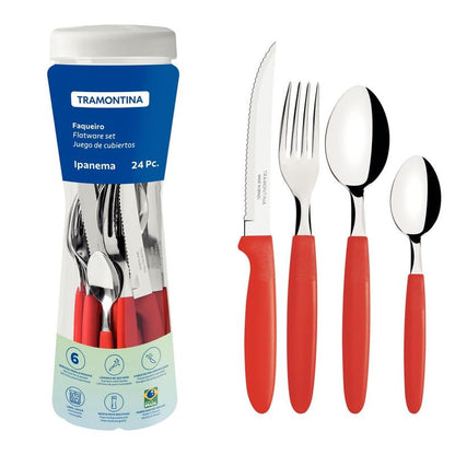 Ipanema Stainless Steel Flatware Set, 24-Piece Cutlery with Durable Red Polypropylene Handles, Includes Plastic Storage Container, Perfect for Daily Use and Gatherings