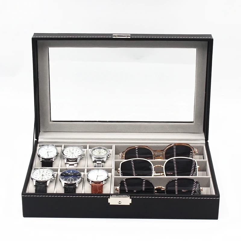 Leather Watch Glasses Box -Watch And Glass Display Case Holder Storage Organizer Jewelry Display- 6 Slots For Watches And 3 Slots For Glasses